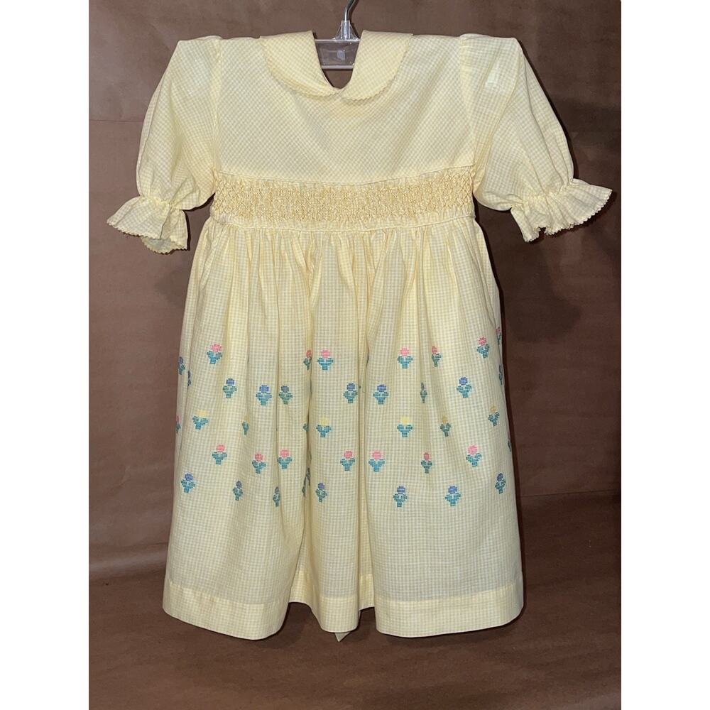 Vintage Polly Flinders Dress Hand Smocked Child Yellow Embroidered Girls Size 4